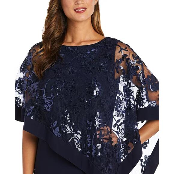 NWT R&M Richards Navy Blue 1 Piece Sequin Lace Poncho Sheath Dress Womens Size 8 - Picture 3 of 16